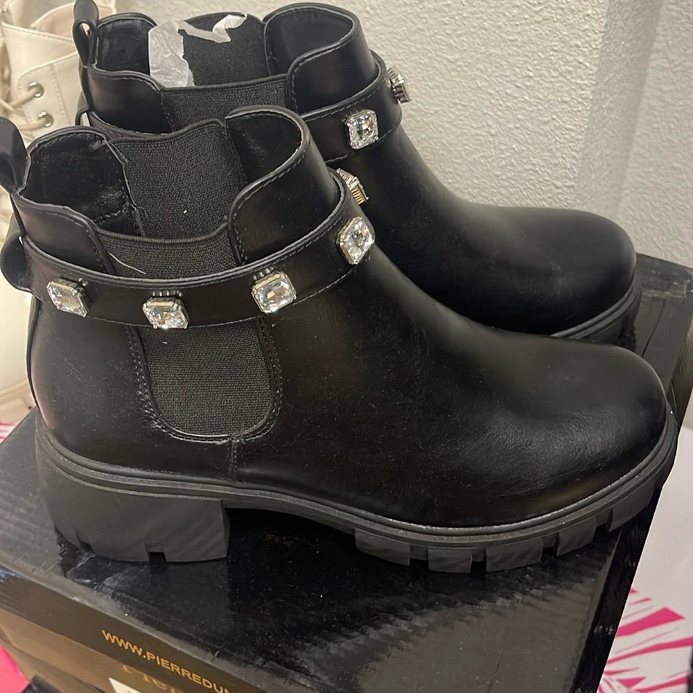 Beautiful black with rhinestones chunky black ankle boots